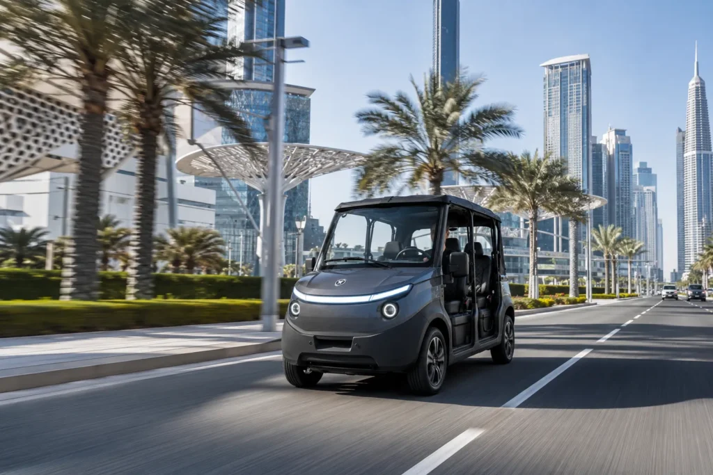 سيارة Chip Motors الكهربائية أثناء القيادة داخل مدينة ذكية حديثة مخصصة للتنقل الحضري