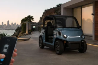 سيارة Chip Motors الكهربائية منخفضة السرعة بمدى 160 كم مع ميزة ركن السيارة عن بُعد أمام منزل عصري