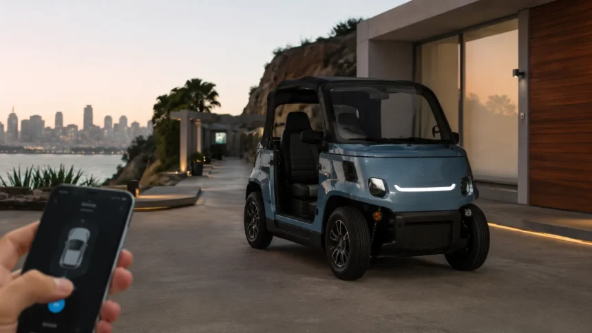 سيارة Chip Motors الكهربائية منخفضة السرعة بمدى 160 كم مع ميزة ركن السيارة عن بُعد أمام منزل عصري