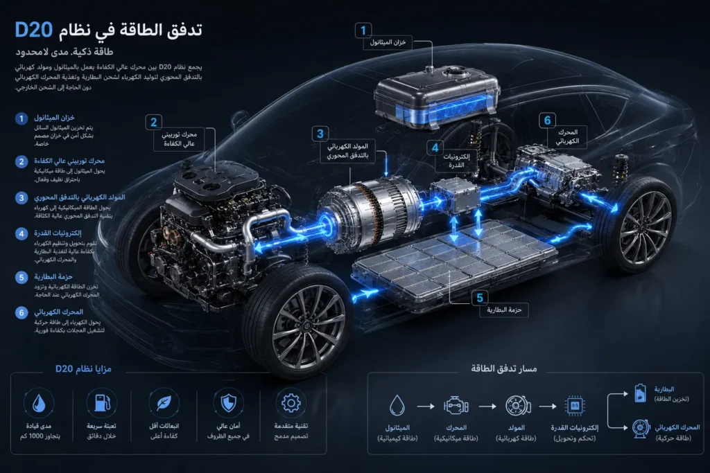 آلية عمل تقنية D20 داخل سيارة كهربائية وتحويل وقود الميثانول إلى طاقة كهربائية