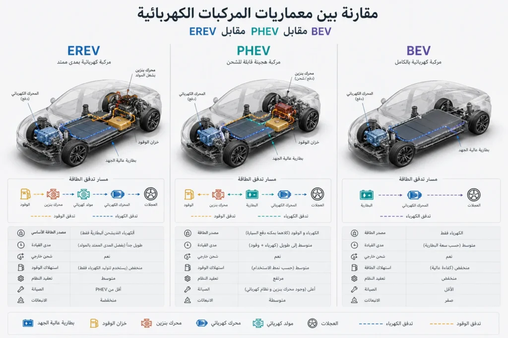 مقارنة بين سيارات EREV وPHEV والسيارات الكهربائية الخالصة من حيث أنظمة الدفع والطاقة
