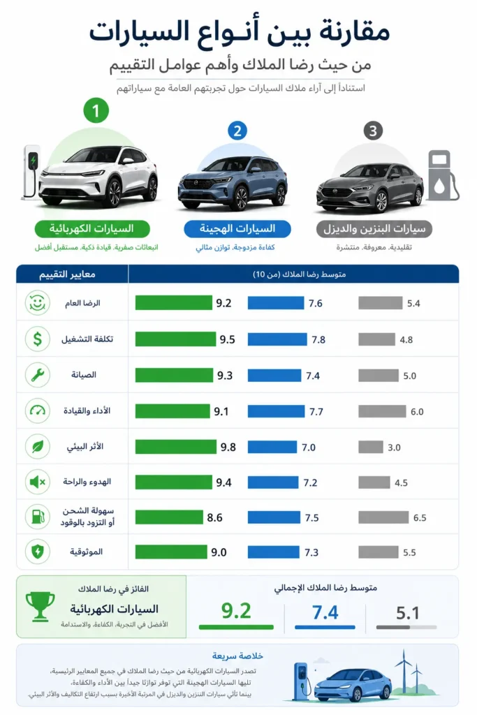 إنفوجرافيك يقارن مستويات رضا مالكي السيارات الكهربائية وسيارات البنزين والهجينة وفق نتائج دراسة JD Power.