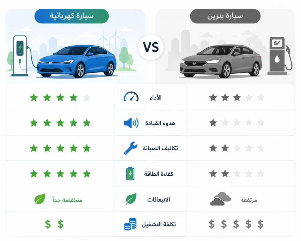 مقارنة بصرية بين السيارات الكهربائية وسيارات البنزين من حيث الأداء وتكاليف التشغيل والصيانة وكفاءة الطاقة.