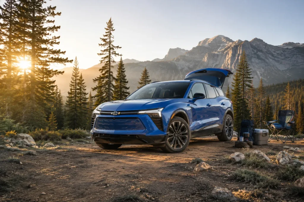 سيارة Chevrolet Blazer EV على طريق جبلي أثناء رحلة برية توضح ملاءمة السيارات الكهربائية للمغامرات والسفر.
