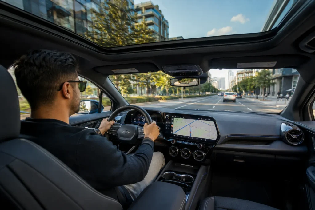المقصورة الداخلية لسيارة Chevrolet Blazer EV تعرض شاشة المعلومات الرقمية وتجربة قيادة هادئة وحديثة.