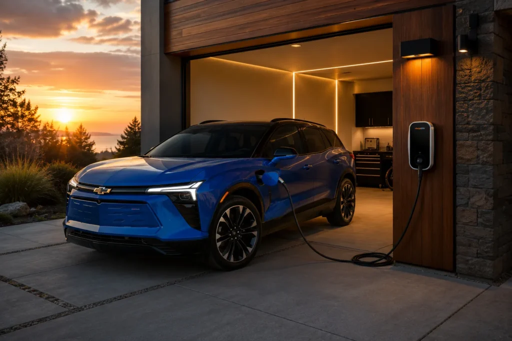 سيارة Chevrolet Blazer EV متصلة بشاحن منزلي داخل مرآب حديث، في مشهد يعكس سهولة الشحن اليومي.