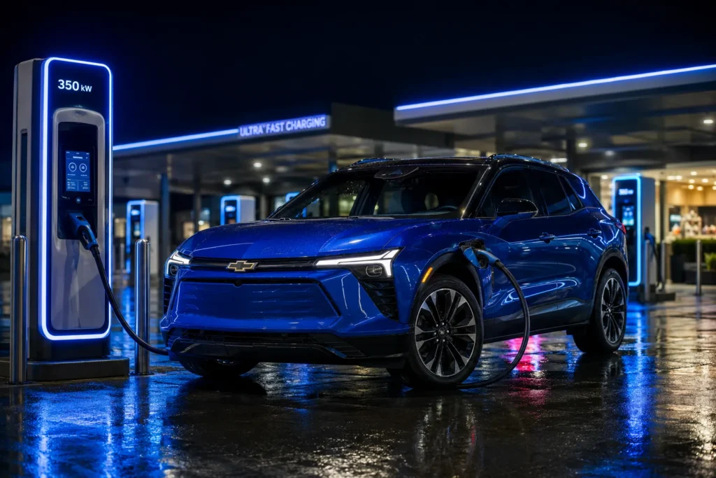 سيارة Chevrolet Blazer EV أثناء الشحن في محطة شحن سريع حديثة، توضح تجربة شحن السيارات الكهربائية.