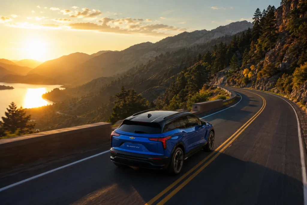 سيارة Chevrolet Blazer EV تقود على طريق جبلي متعرج، مع إبراز الثبات والراحة في الرحلات الطويلة.