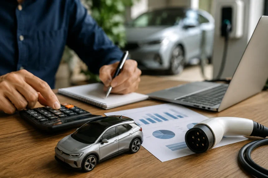 شخص يحسب ميزانية شراء سيارة كهربائية باستخدام آلة حاسبة ووثائق مالية.
