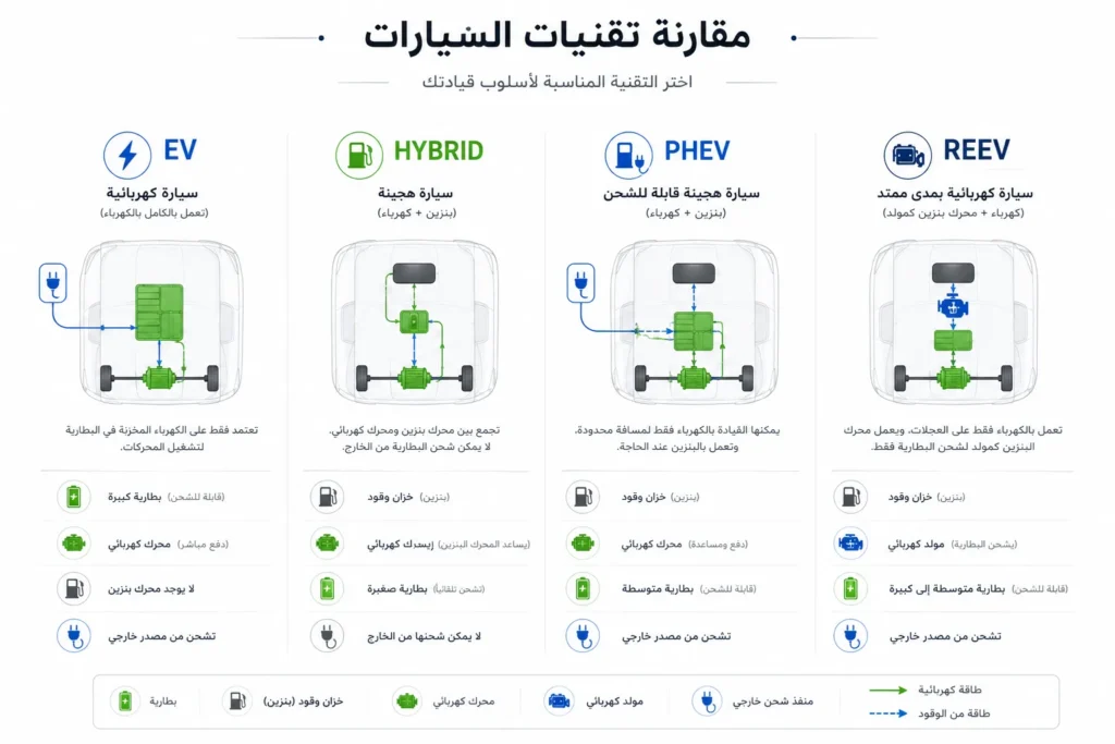 مقارنة بين أنظمة الدفع الكهربائية EV والهجينة Hybrid والهجينة القابلة للشحن PHEV ونظام REEV