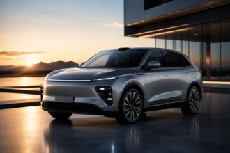 سيارة إكسيد ET REEV الكهربائية ممتدة المدى بتصميم SUV فاخر على طريق جبلي وقت الغروب