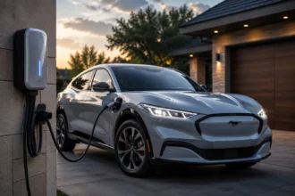 سيارة Ford Mustang Mach-E متصلة بشاحن منزلي ضمن عرض فورد للشاحن المجاني