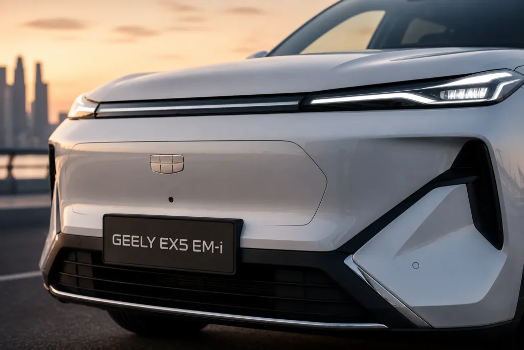 الواجهة الأمامية لسيارة جيلي EX5 EM-i مع مصابيح LED والشبك الأمامي الحديث