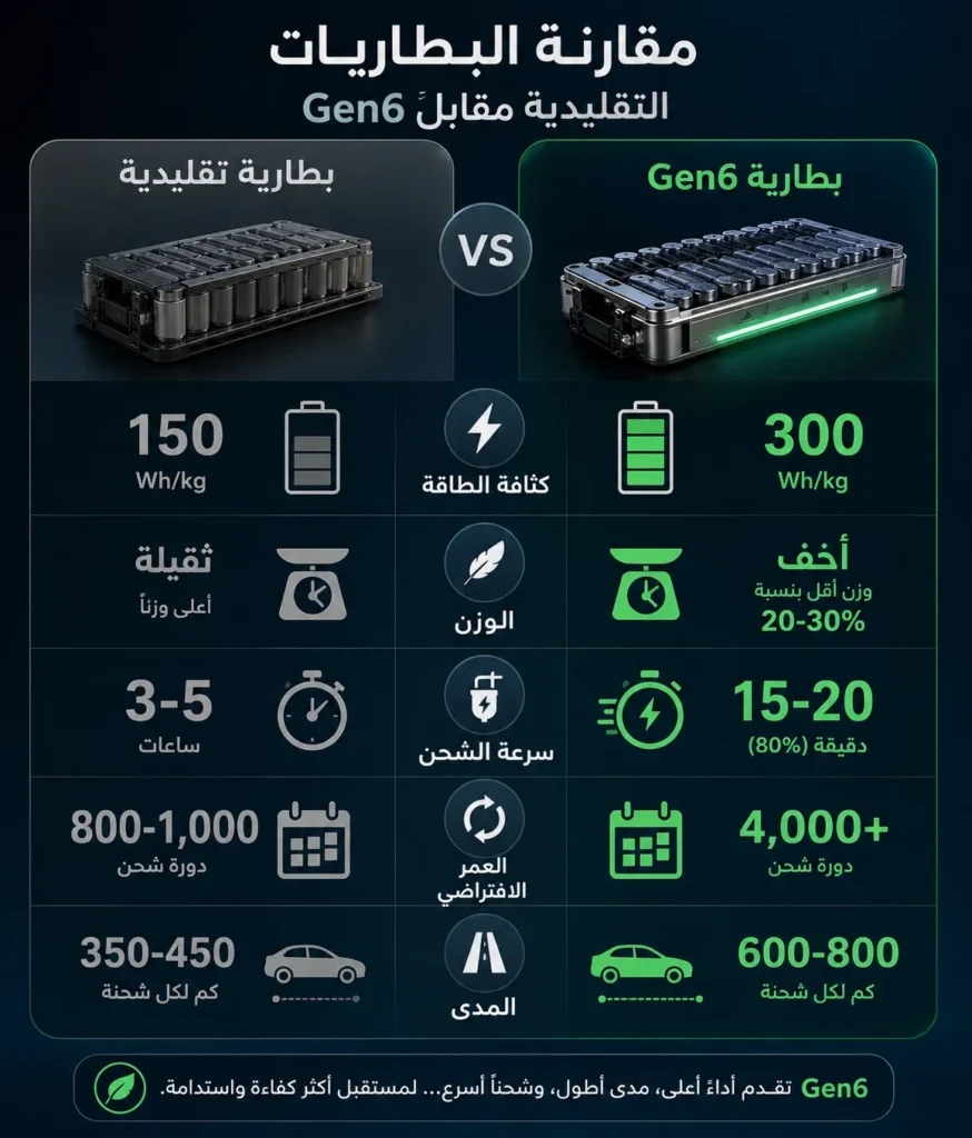 مقارنة بين بطاريات الجيل السادس والبطاريات التقليدية من حيث كثافة الطاقة وسرعة الشحن