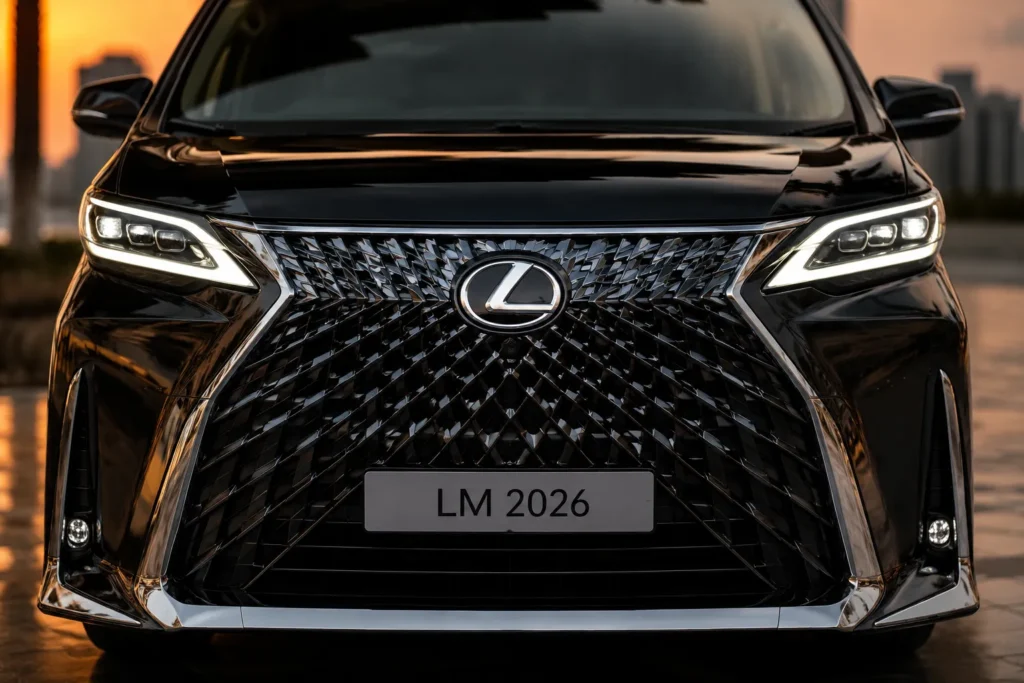 الواجهة الأمامية لسيارة لكزس LM 2026 مع الشبك الأمامي الكبير ومصابيح LED الحديثة