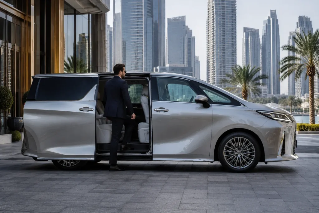 التصميم الجانبي لسيارة لكزس LM 2026 مع الأبواب المنزلقة الكهربائية والهيكل الانسيابي