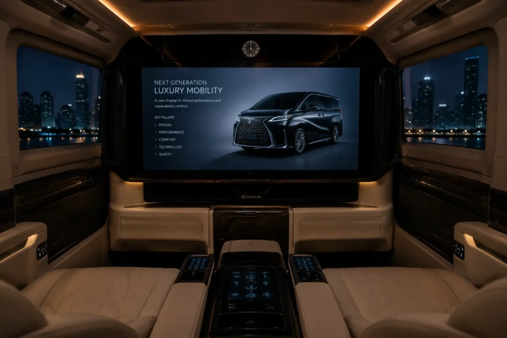 شاشة الترفيه الخلفية بقياس 48 بوصة في لكزس LM 2026 المخصصة للركاب التنفيذيين