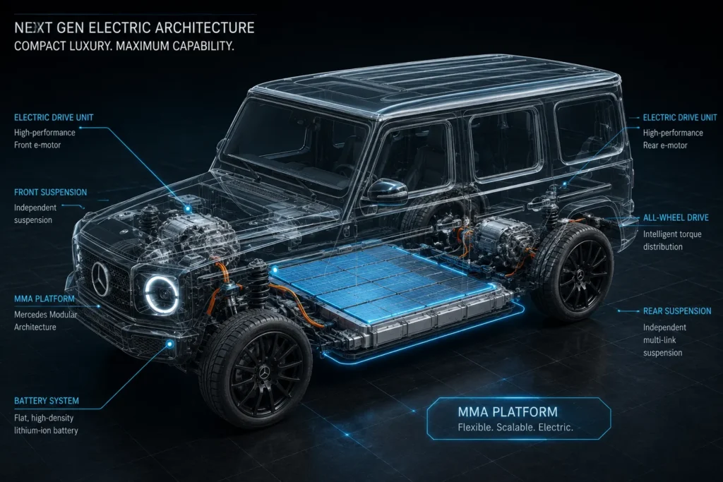 تصميم ثلاثي الأبعاد يوضح هيكل Mercedes Baby G-Class الكهربائي مع منصة MMA والبطارية المسطحة والمحركات الكهربائية ونظام الدفع الرباعي.