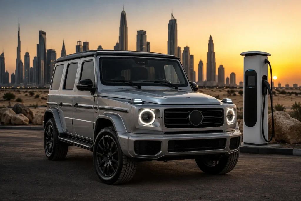 سيارة Mercedes Baby G-Class الكهربائية متوقفة على طريق في إحدى دول الخليج بالقرب من محطة شحن سريع.