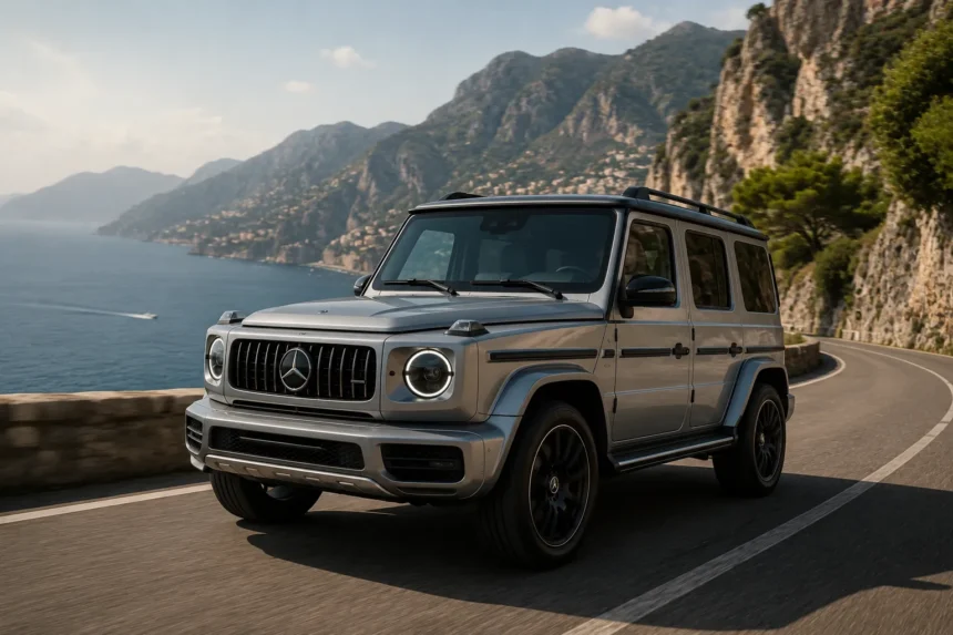 سيارة Mercedes Baby G-Class الكهربائية باللون الفضي أمام مصنع مرسيدس الحديث مع خطوط الإنتاج والروبوتات الصناعية، في مشهد يبرز بداية تصنيع أصغر نسخة من G-Class.