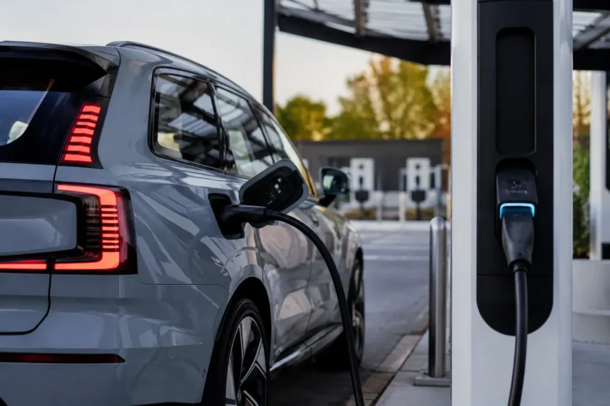 سيارة فولفو EX60 الكهربائية أثناء الشحن السريع باستخدام تقنية Plug & Charge في محطة شحن عامة.