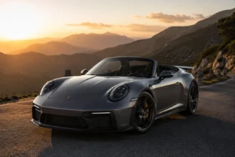 بورشه 911 GT3 2027 المكشوفة أثناء القيادة على طريق جبلي متعرج وقت الغروب