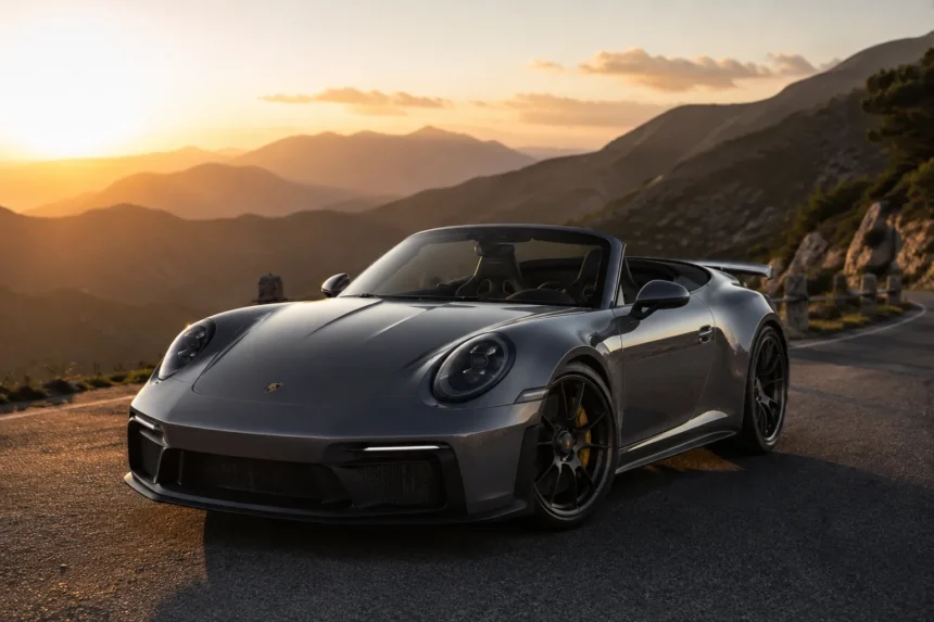 بورشه 911 GT3 2027 المكشوفة أثناء القيادة على طريق جبلي متعرج وقت الغروب