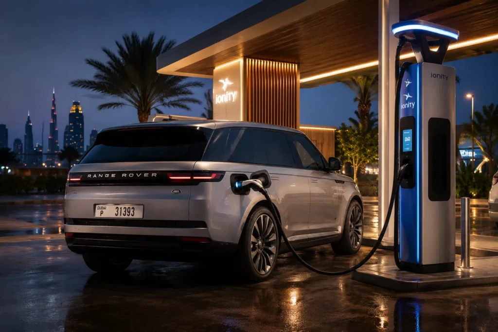 رينج روفر GT الكهربائية متصلة بمحطة شحن سريع ضمن بنية تحتية حديثة للسيارات الكهربائية.