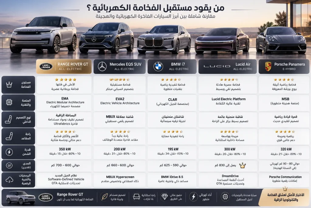 مقارنة بين رينج روفر GT الكهربائية وأبرز السيارات الكهربائية الفاخرة من حيث التصميم والتقنيات والمقصورة.