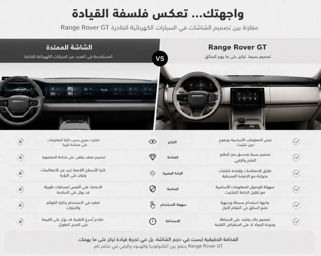 لوحة القيادة في رينج روفر GT الكهربائية مع شاشة مركزية مدمجة وتصميم يركز على البساطة وسهولة الاستخدام.