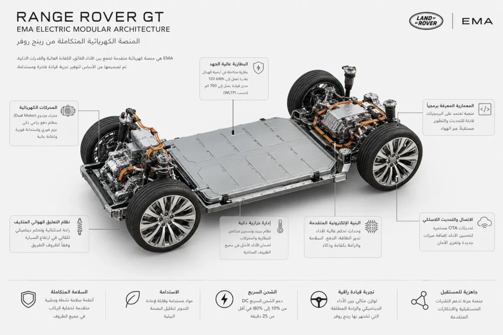 منصة EMA الكهربائية الجديدة في رينج روفر GT توضح توزيع البطارية والبنية الهندسية المخصصة للسيارات الكهربائية.