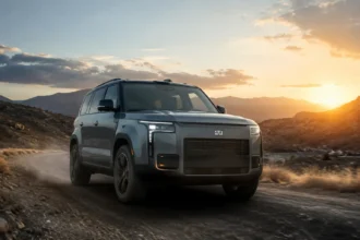 سيارة ROX 01 الجديدة أثناء القيادة على طريق جبلي عند الغروب، بتصميم SUV فاخر يجمع بين القوة والتكنولوجيا.