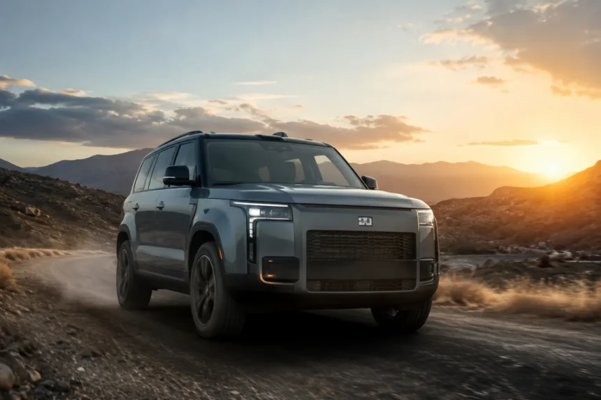 سيارة ROX 01 الجديدة أثناء القيادة على طريق جبلي عند الغروب، بتصميم SUV فاخر يجمع بين القوة والتكنولوجيا.