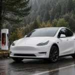 سيارة Tesla Model Y بيضاء متوقفة بجوار محطة شحن للسيارات الكهربائية في بيئة طبيعية، في صورة تعبر عن تقنيات شحن البطارية وكفاءة السيارات الكهربائية.
