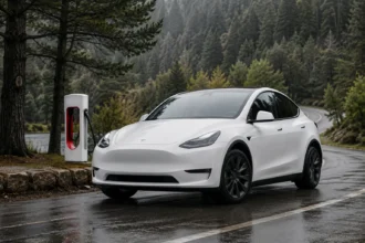 سيارة Tesla Model Y بيضاء متوقفة بجوار محطة شحن للسيارات الكهربائية في بيئة طبيعية، في صورة تعبر عن تقنيات شحن البطارية وكفاءة السيارات الكهربائية.