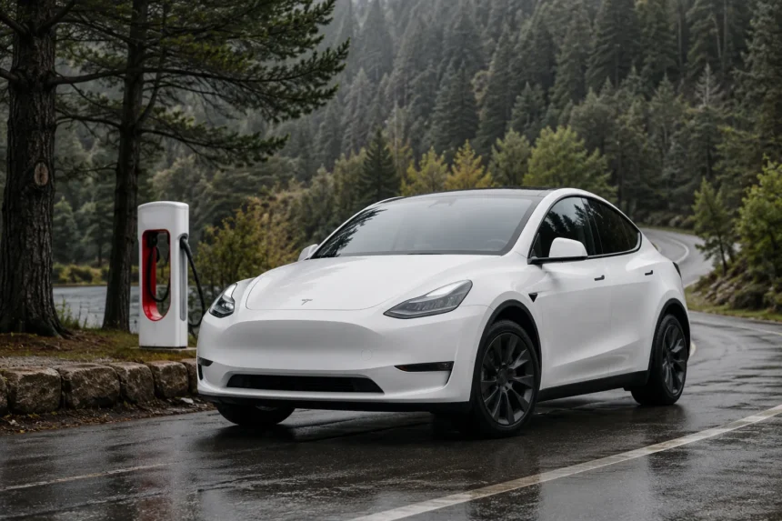 سيارة Tesla Model Y بيضاء متوقفة بجوار محطة شحن للسيارات الكهربائية في بيئة طبيعية، في صورة تعبر عن تقنيات شحن البطارية وكفاءة السيارات الكهربائية.