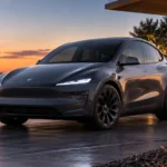 سيارة Tesla Model Y الكهربائية على طريق حديث عند غروب الشمس في مراجعة شاملة لأشهر SUV كهربائية
