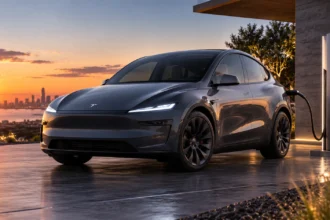 سيارة Tesla Model Y الكهربائية على طريق حديث عند غروب الشمس في مراجعة شاملة لأشهر SUV كهربائية