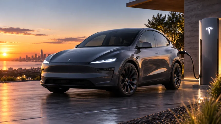 سيارة Tesla Model Y الكهربائية على طريق حديث عند غروب الشمس في مراجعة شاملة لأشهر SUV كهربائية