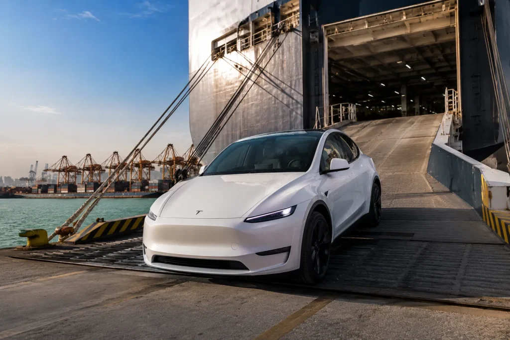 سيارة Tesla Model Y مستوردة إلى الشرق الأوسط مع التركيز على مطابقة المواصفات المحلية وأنظمة الشحن