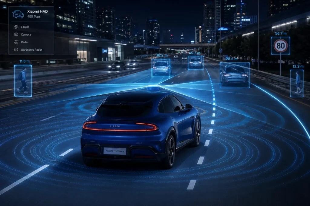 نظام LiDAR وأنظمة القيادة الذكية المتقدمة في شاومي YU7 Max أثناء القيادة على الطريق السريع