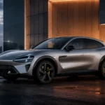 شاومي YU7 Max معدنية على طريق حديث، تظهر تصميم SUV الكهربائي الرياضي والانسيابية الهوائية والأداء الفاخر