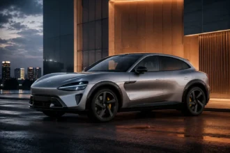 شاومي YU7 Max معدنية على طريق حديث، تظهر تصميم SUV الكهربائي الرياضي والانسيابية الهوائية والأداء الفاخر
