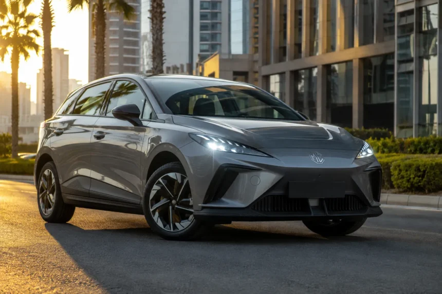 سيارة MG4 Electric من زاوية أمامية في بيئة حضرية حديثة