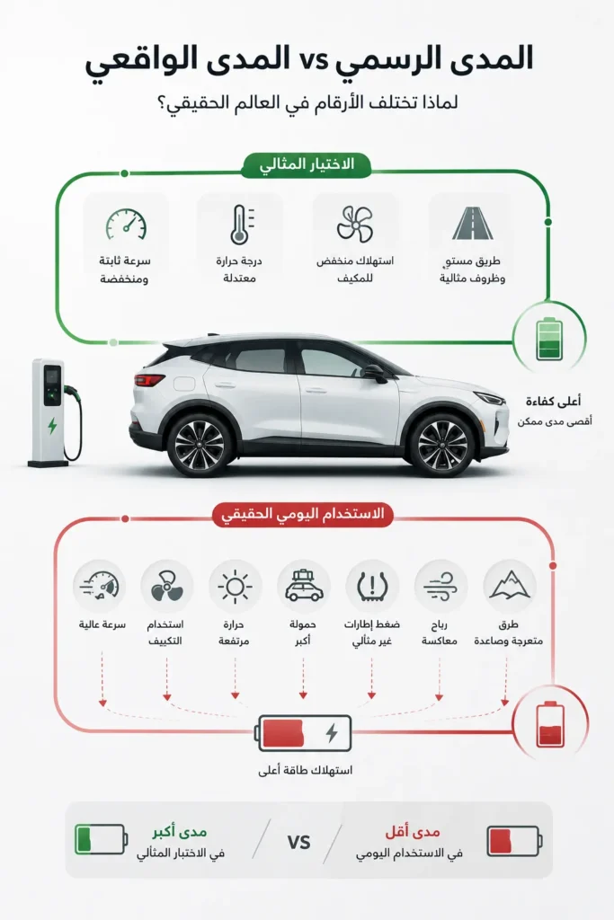 الفرق بين المدى الرسمي والمدى الحقيقي للسيارة الكهربائية وتأثير السرعة والحرارة والتكييف