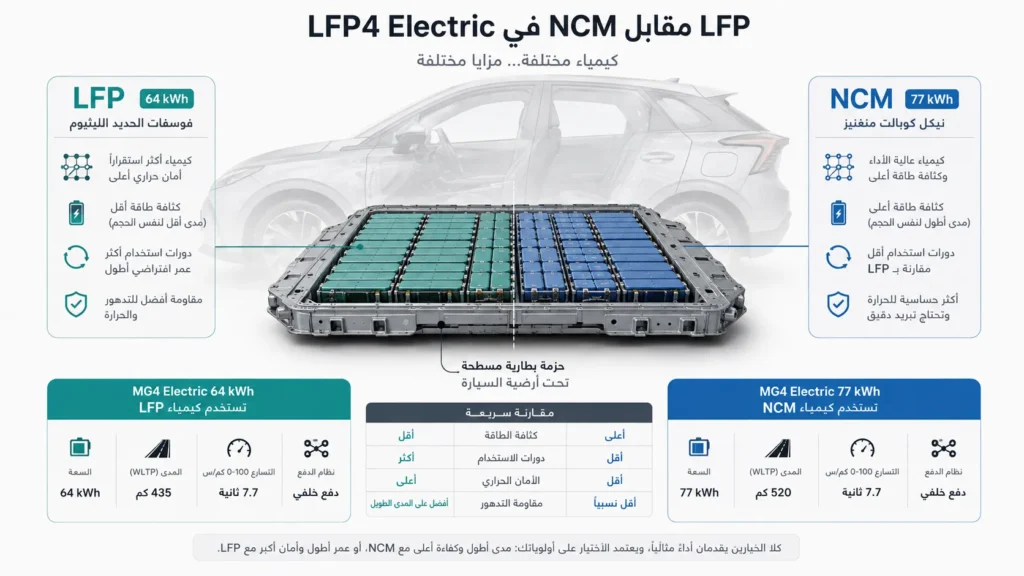 رسم توضيحي يشرح الفرق بين بطارية LFP وبطارية NCM في MG4 Electric