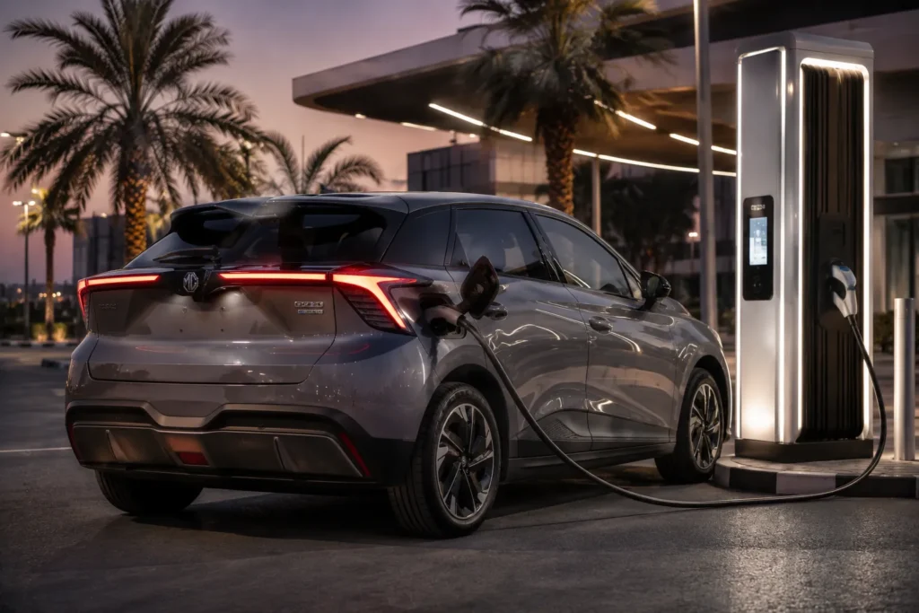 سيارة MG4 Electric أثناء الشحن السريع بمحطة شحن DC