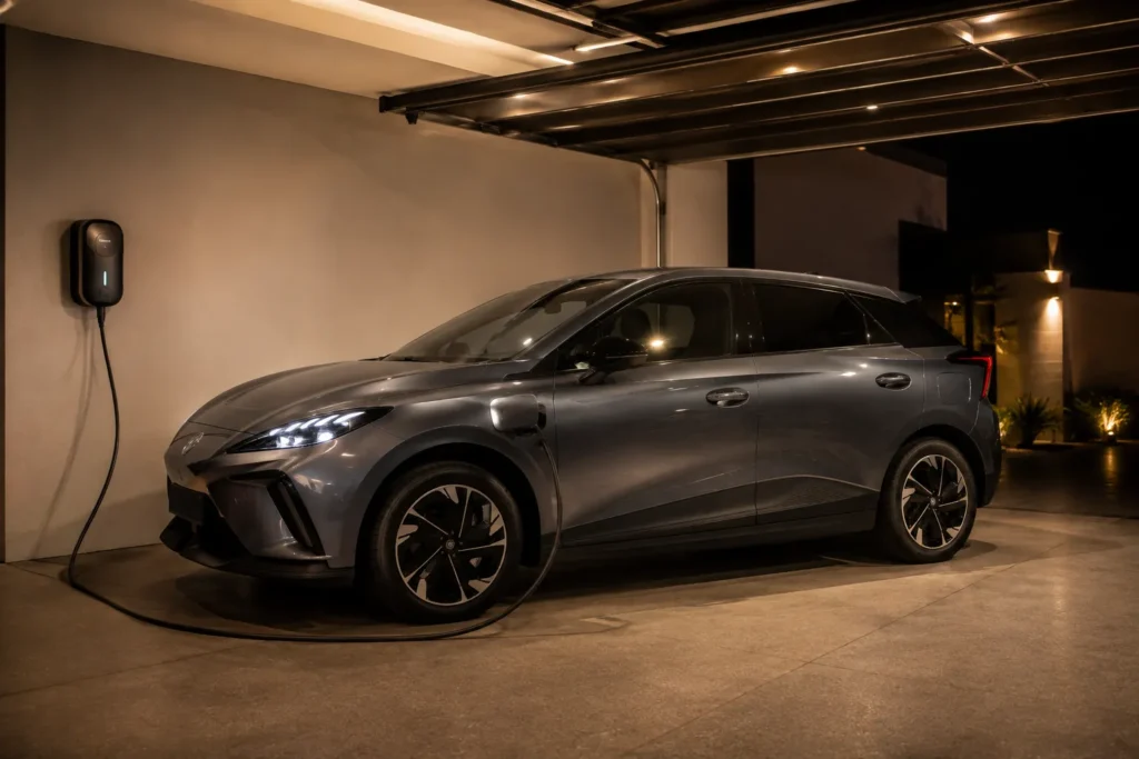 سيارة MG4 Electric متصلة بشاحن منزلي داخل المرآب