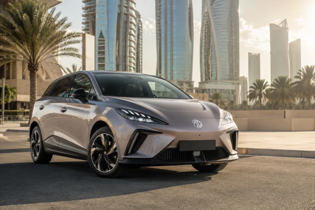 سيارة MG4 Electric في بيئة حضرية خليجية خلال أجواء حارة