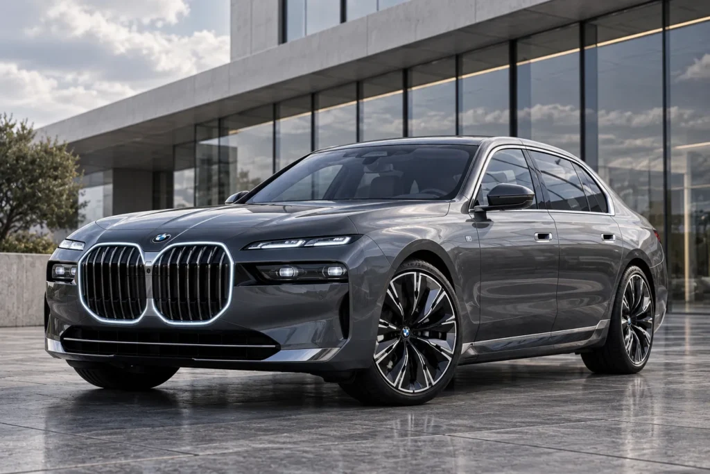 التصميم الخارجي لسيارة BMW i7 مع الشبك الأمامي المضيء والمصابيح LED والجنوط الرياضية